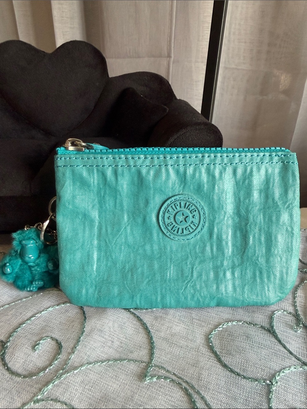 Kipling Turquoise Zip Coin Pouch with Monkey Charm